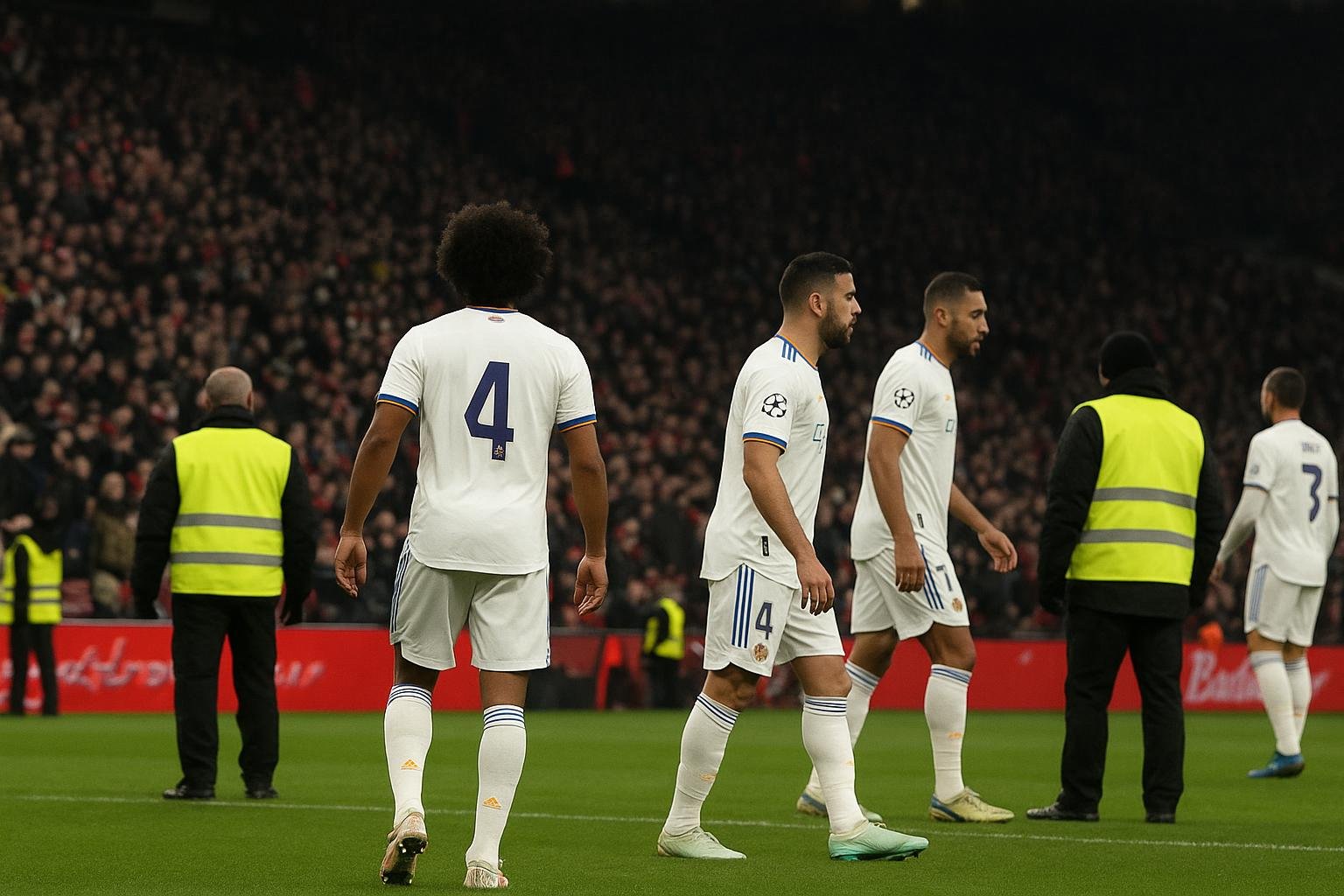 Beveiliging in een stadion tijdens Real Madrid tegen Benfica, met focus op ordehandhaving op de tribune