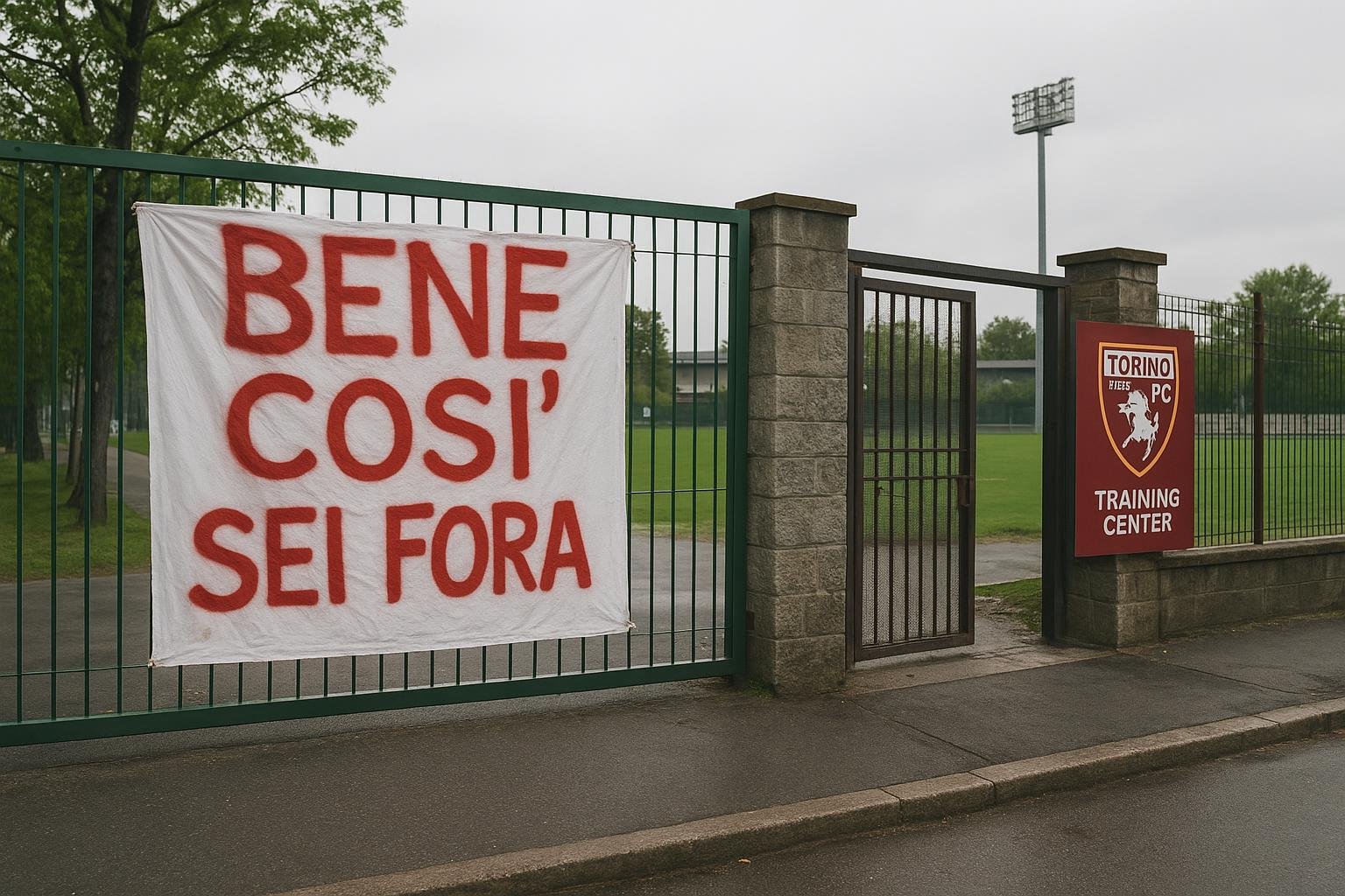 Ingang van het trainingscomplex van Torino met spandoek tijdens een protestactie