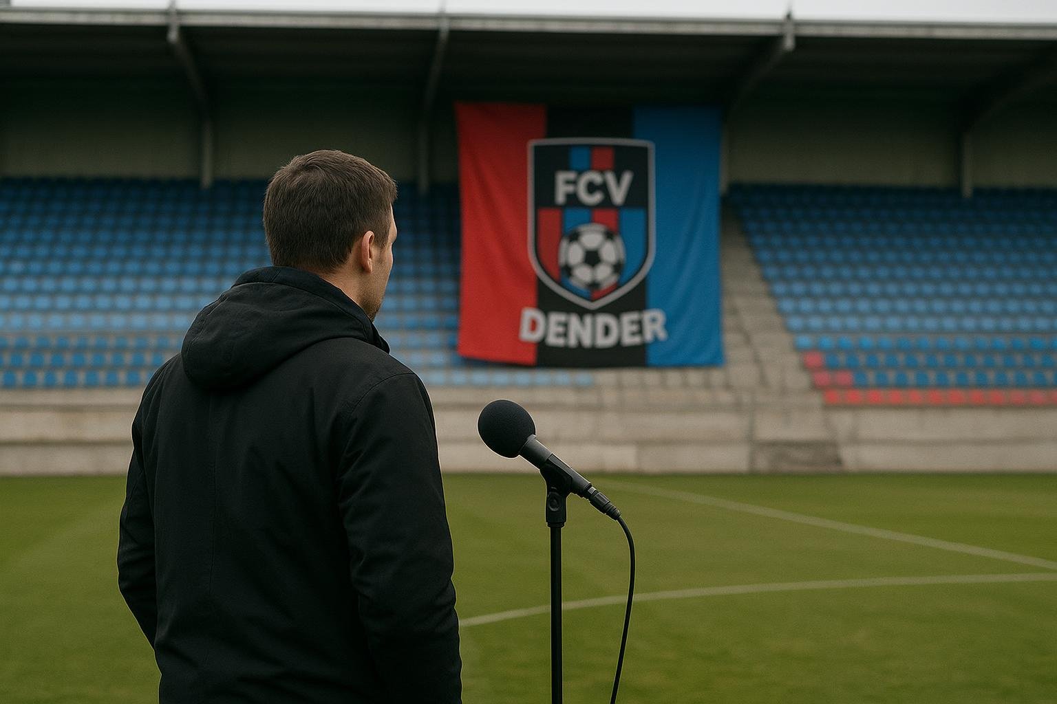 Een coach van FCV Dender langs de zijlijn in het stadion