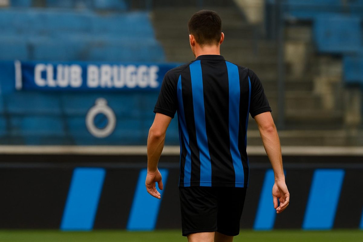 Dévy Rigaux van Club Brugge in stadioncontext tijdens een moment rond transferplanning