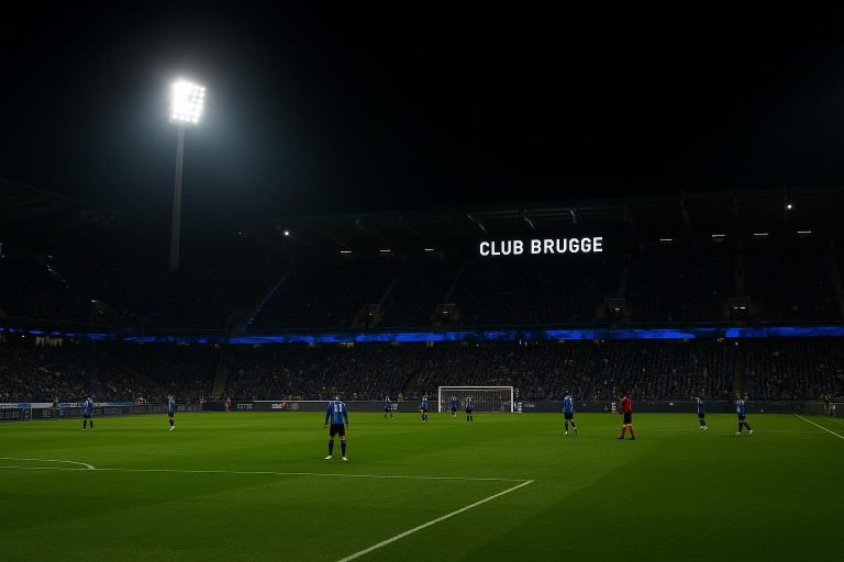 Sfeerbeeld in het stadion van Club Brugge tijdens een Europese avond, met supporters en lichtmasten zonder herkenbare gezichten.