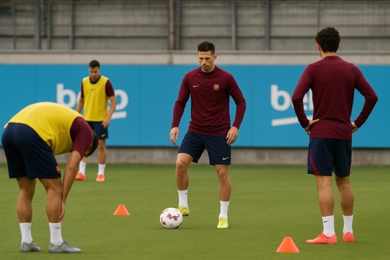 Sfeerbeeld van een training van FC Barcelona met spelers op het veld