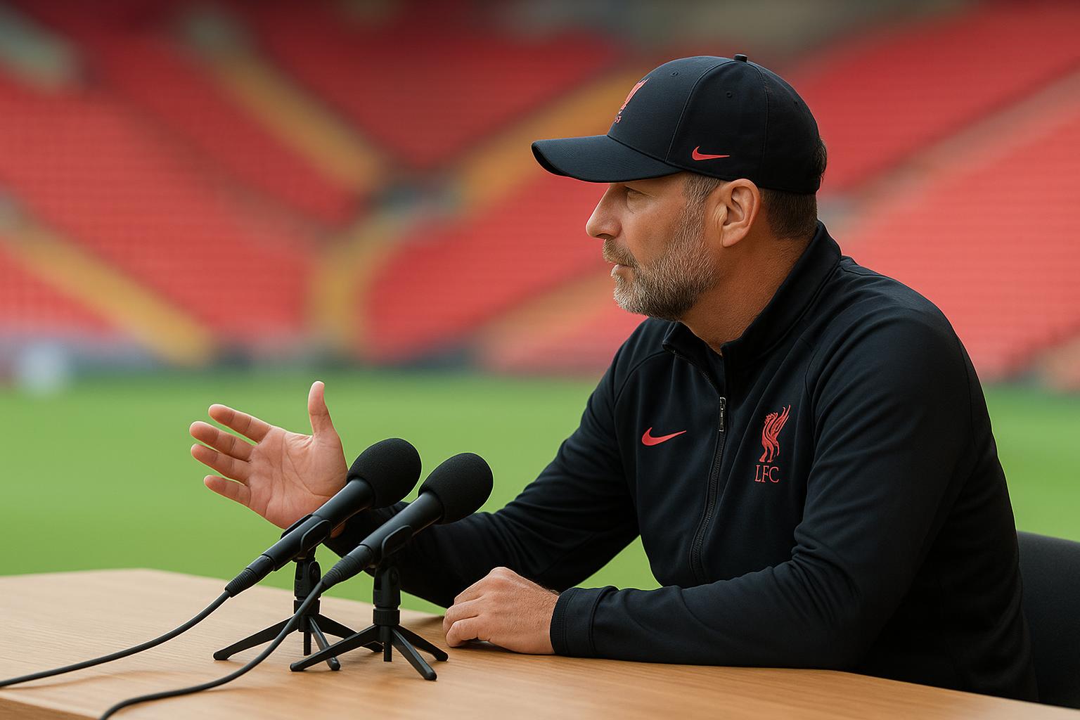 Arne Slot van Liverpool tijdens een persmoment in een stadionomgeving
