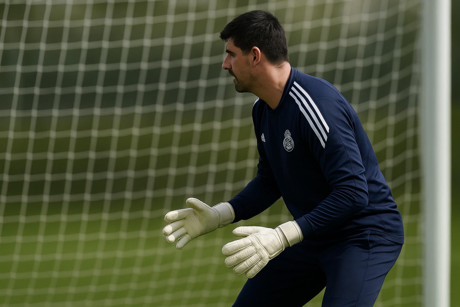 Thibaut Courtois op training bij Real Madrid, gezien van opzij met keepershandschoenen.