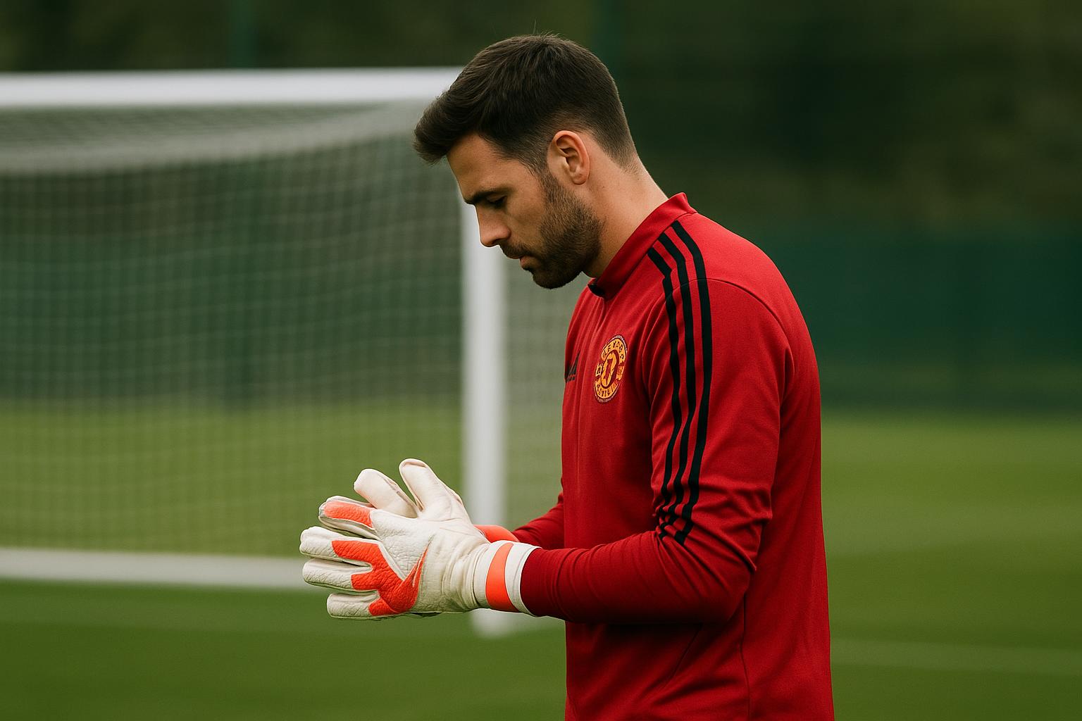 Doelmanstraining met keeper in Manchester-context, zonder herkenbare gezichten