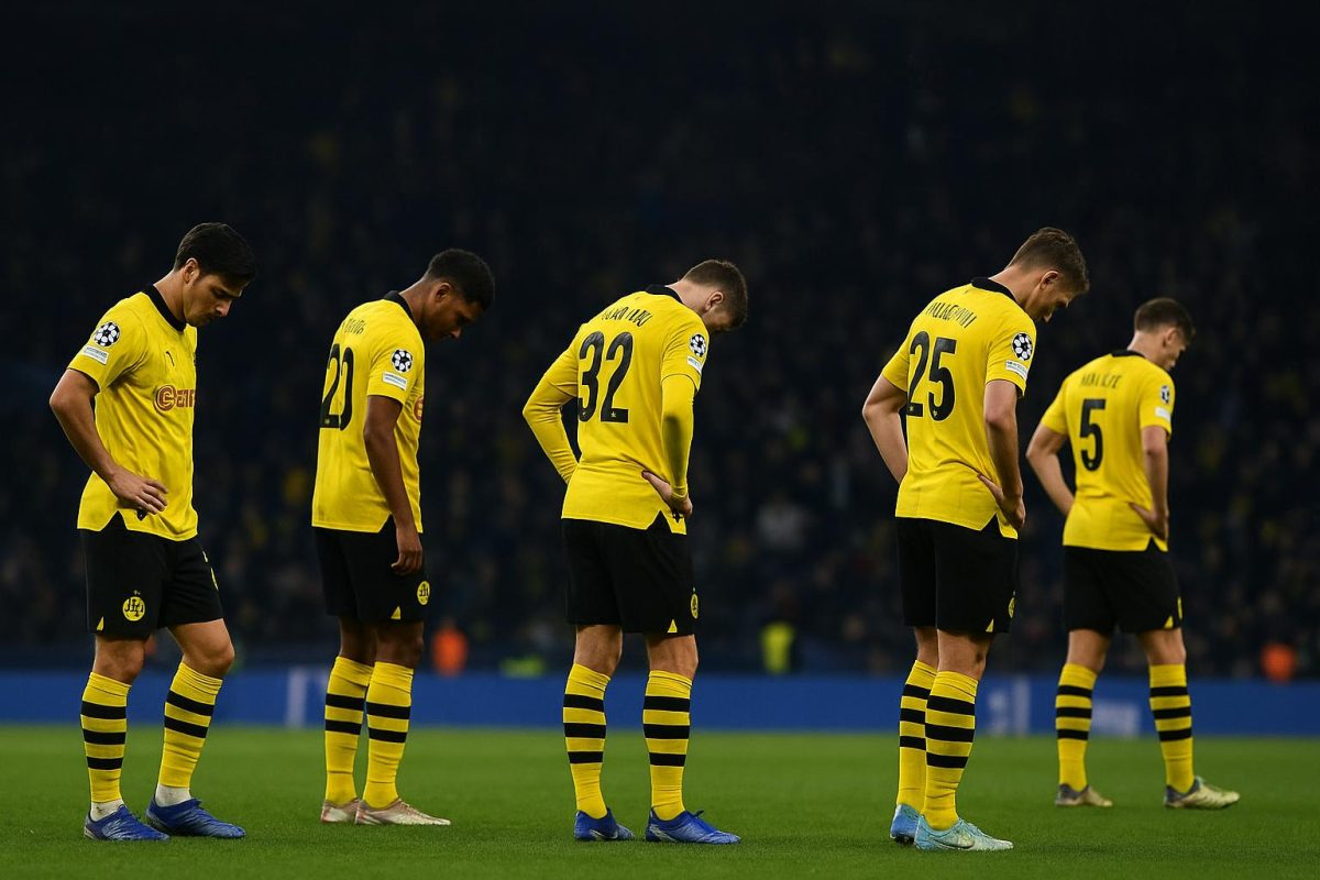 Spelers van Borussia Dortmund stappen ontgoocheld van het veld na de nederlaag bij Atalanta in de Champions League.