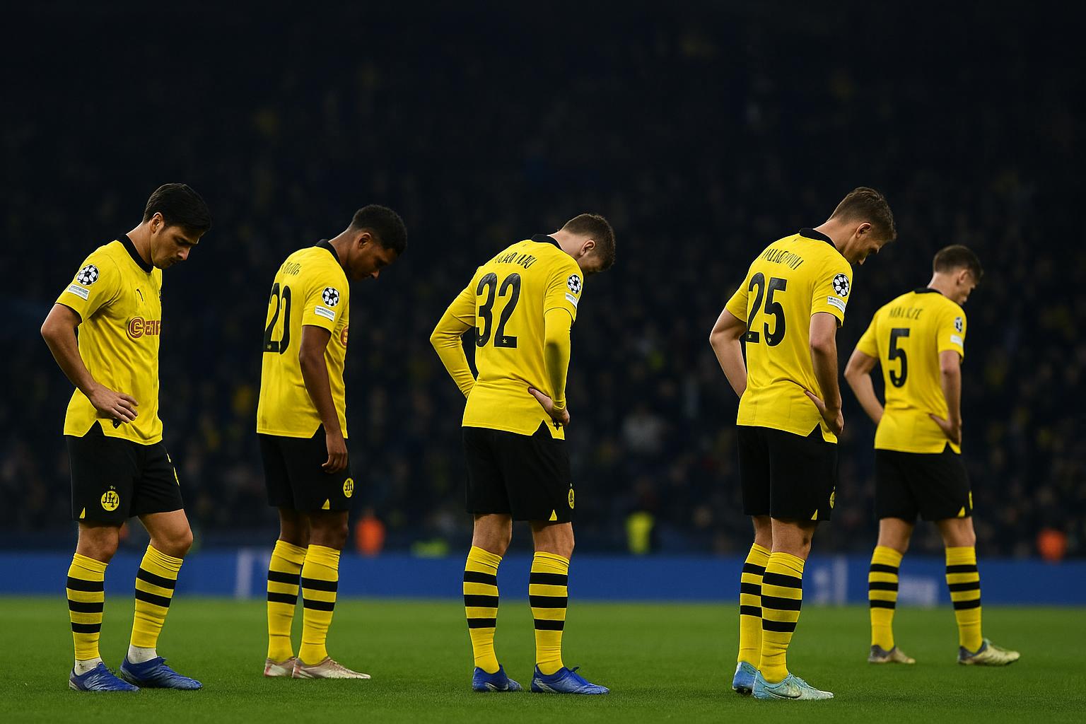 Spelers van Borussia Dortmund stappen ontgoocheld van het veld na de nederlaag bij Atalanta in de Champions League.
