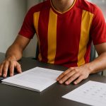 Symbolisch beeld van transferdeadline met documenten en een kalender in een voetbalcontext