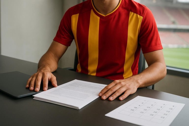 Symbolisch beeld van transferdeadline met documenten en een kalender in een voetbalcontext
