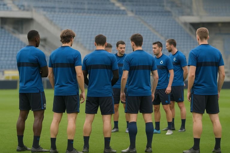 Spelers van Club Brugge samen op het veld tijdens een trainingsmoment.
