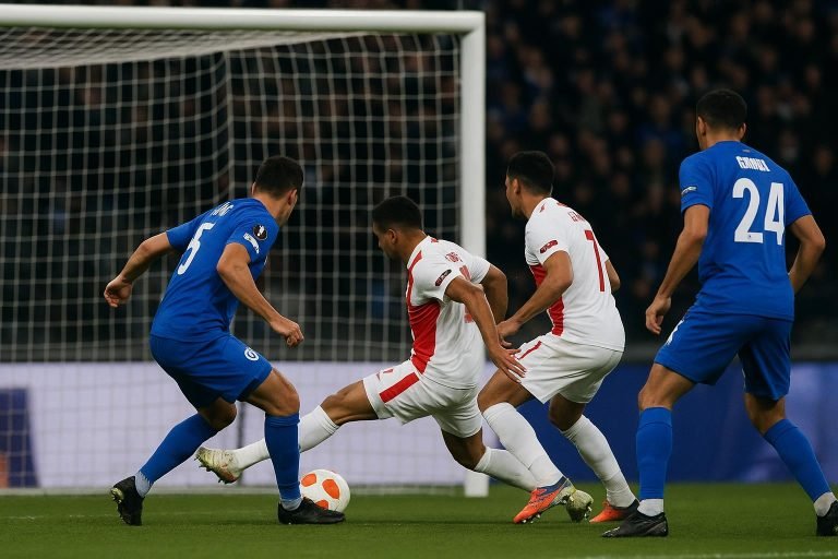 Spelmoment uit Genk tegen Dinamo Zagreb in de Europa League, met doelman in actie