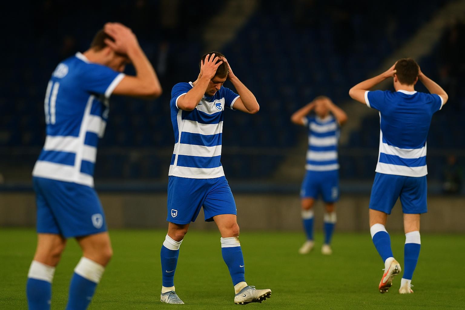 Teleurgestelde spelers van KRC Genk in het stadion na de wedstrijd tegen Dinamo Zagreb