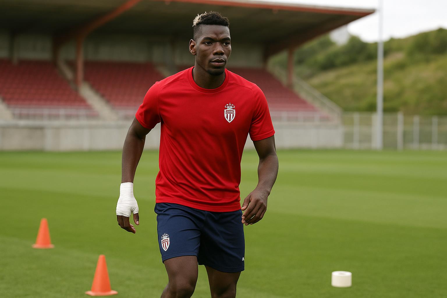 Op het trainingscomplex van AS Monaco liggen kegels en materiaal klaar voor een rustige opbouwsessie.