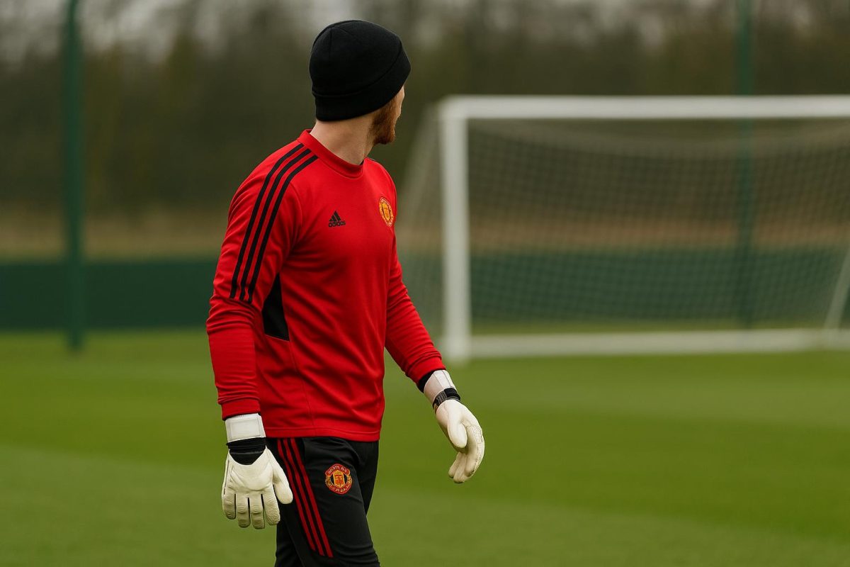 Senne Lammens, doelman van Manchester United, tijdens een training