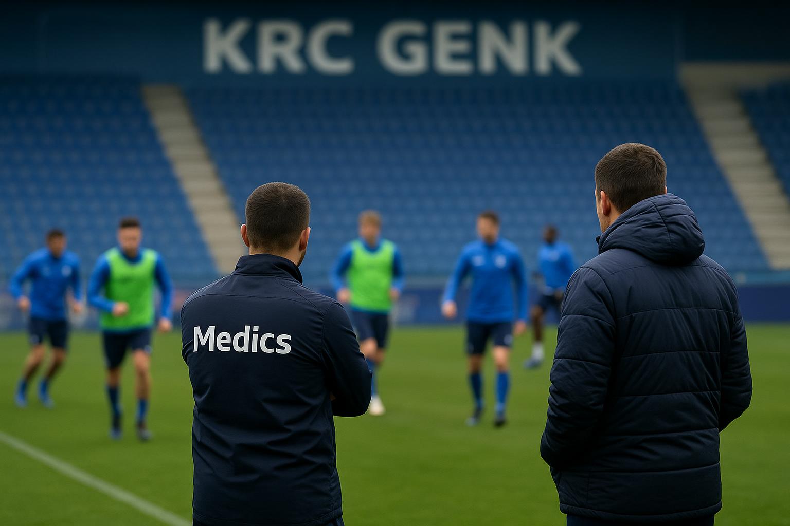 Sfeerbeeld van een training bij KRC Genk met medische begeleiding op de achtergrond