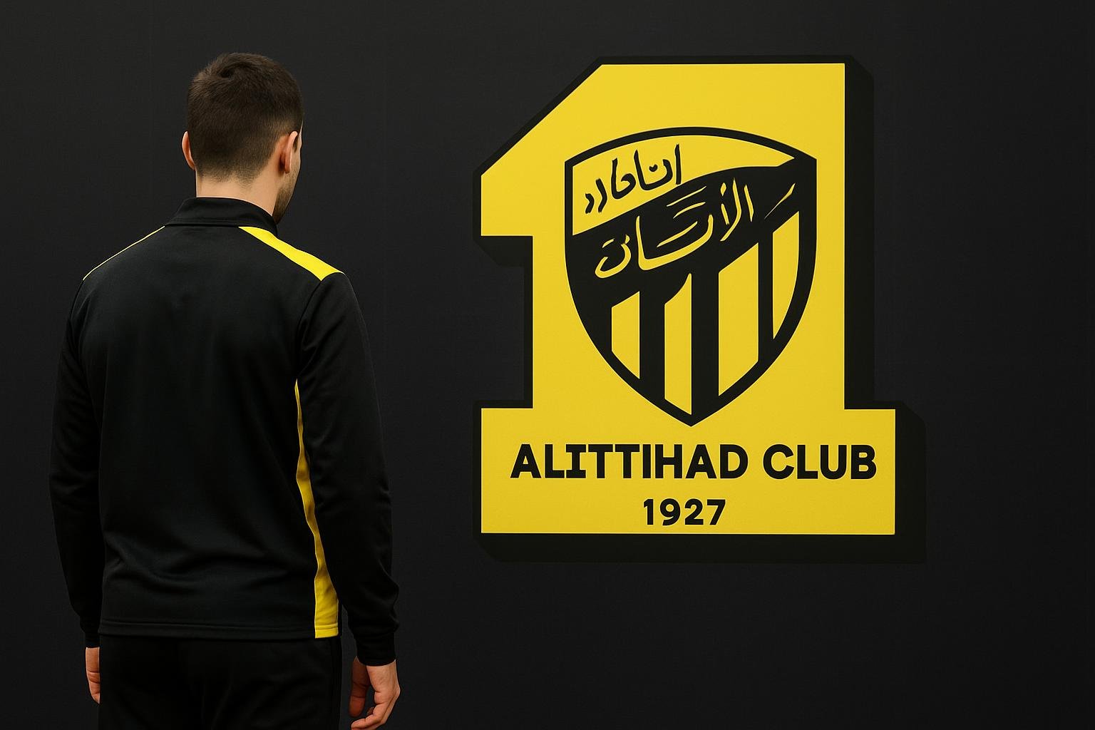 George Ilenikhena bij een transfermoment met Al Ittihad in een stadionomgeving