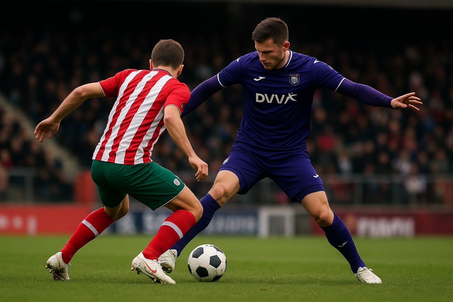 Spelmoment tijdens Zulte Waregem tegen Anderlecht, een duel om de bal