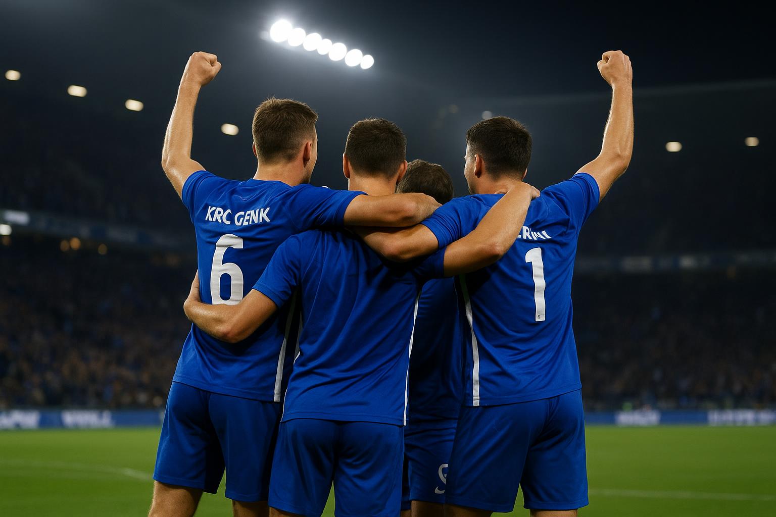 Spelers van KRC Genk vieren na de Europa League-kwalificatie in het stadion