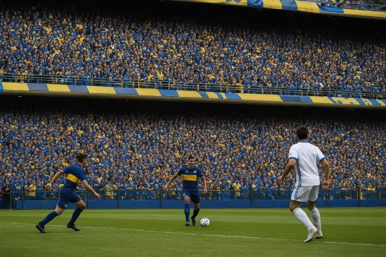 Sfeershot in La Bombonera tijdens een wedstrijd van Boca Juniors met Edinson Cavani op het veld