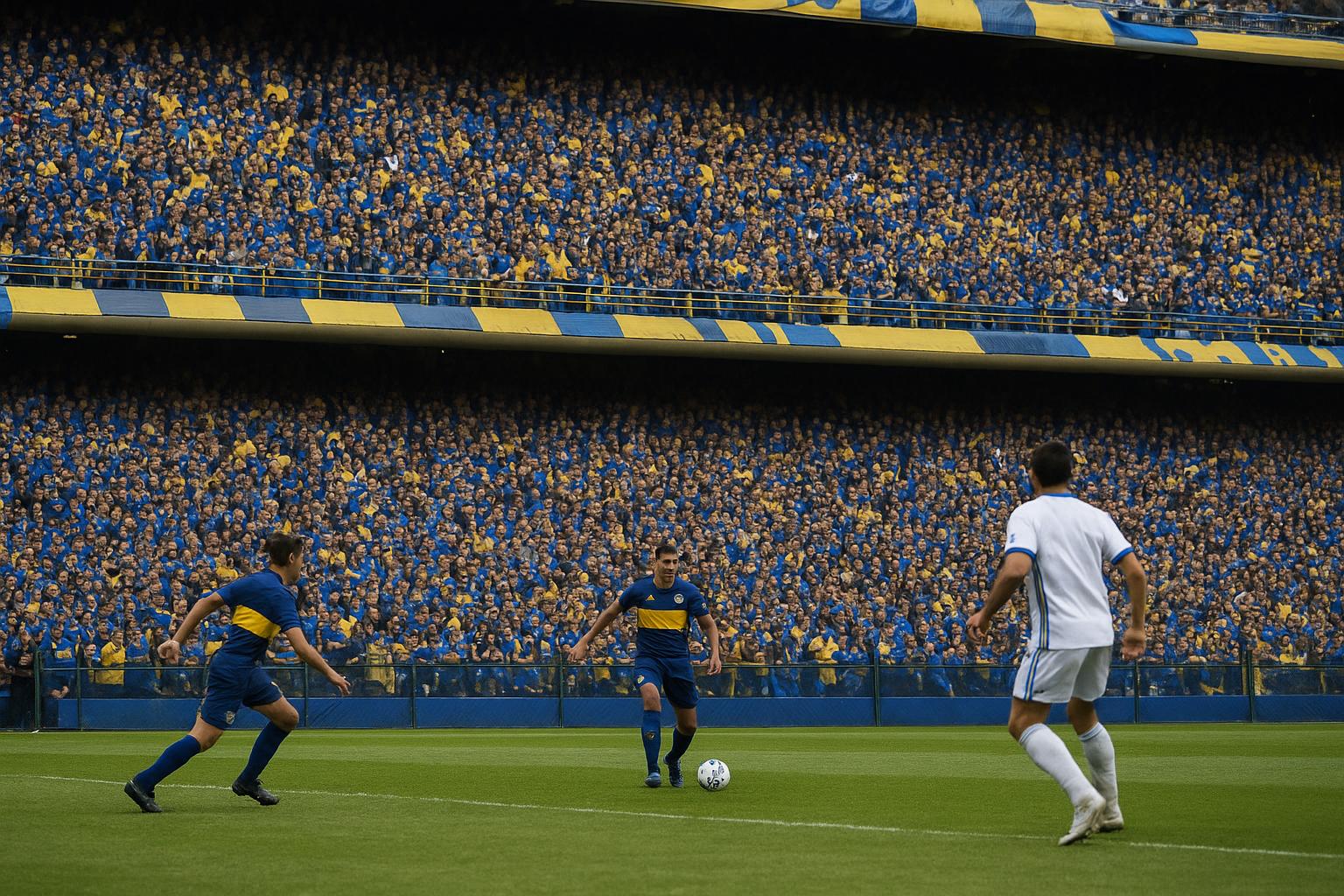 Sfeershot in La Bombonera tijdens een wedstrijd van Boca Juniors met Edinson Cavani op het veld