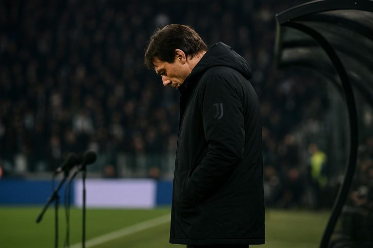 Een coach van Juventus langs de zijlijn in een stadionsetting