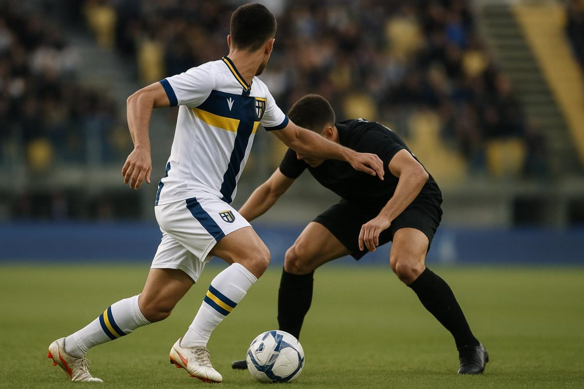 Mandela Keita in actie op het middenveld voor Parma in een wedstrijdsetting