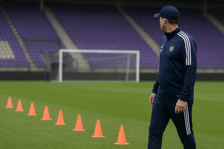 Jérémy Taravel tijdens een trainingsmoment van RSC Anderlecht in aanloop naar de match tegen OH Leuven