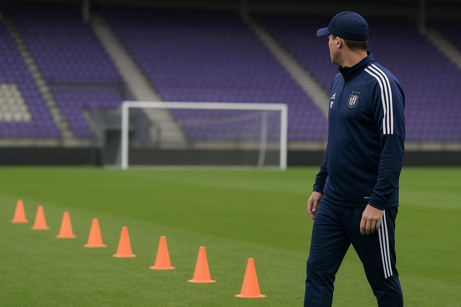 Jรฉrรฉmy Taravel tijdens een trainingsmoment van RSC Anderlecht in aanloop naar de match tegen OH Leuven