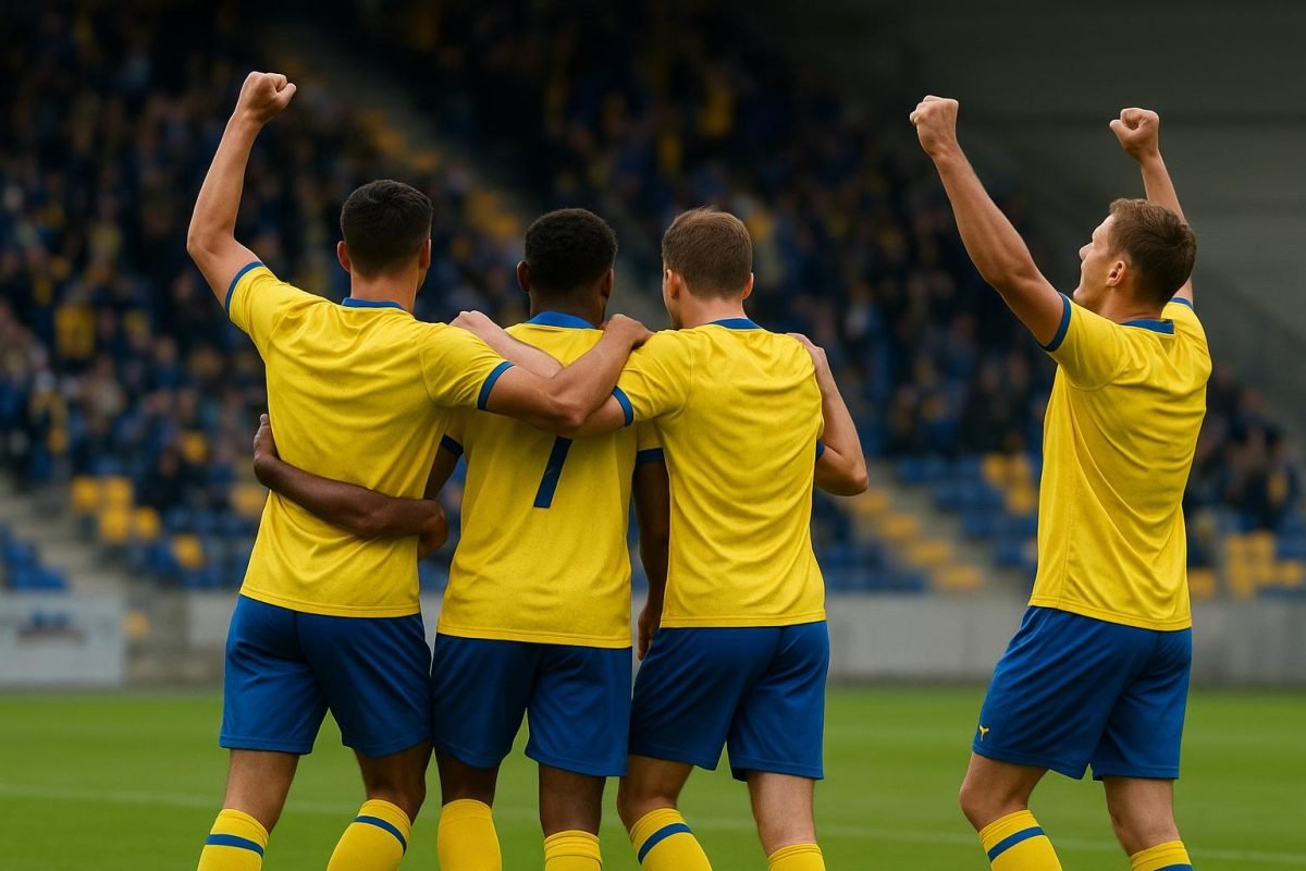Spelers van STVV vieren een doelpunt in de Jupiler Pro League, gezien vanop afstand.