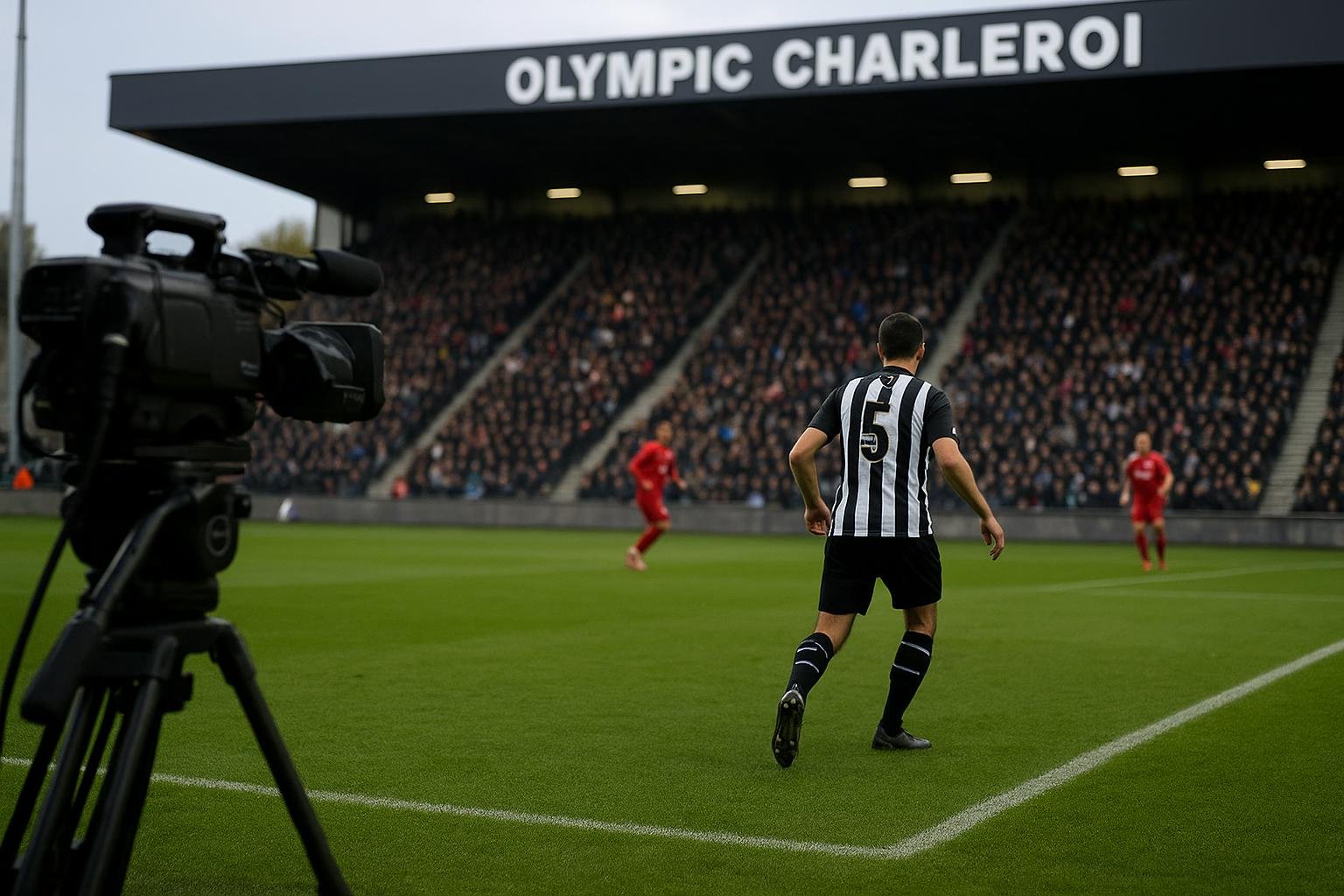 Sfeershot in een Belgisch stadion tijdens een wedstrijd in de Challenger Pro League, met focus op de zijlijn en tv-camera’s.