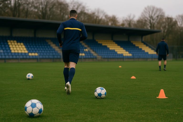 Trainingsbeeld bij Union Saint-Gilloise met ballen en kegels, zonder herkenbare gezichten