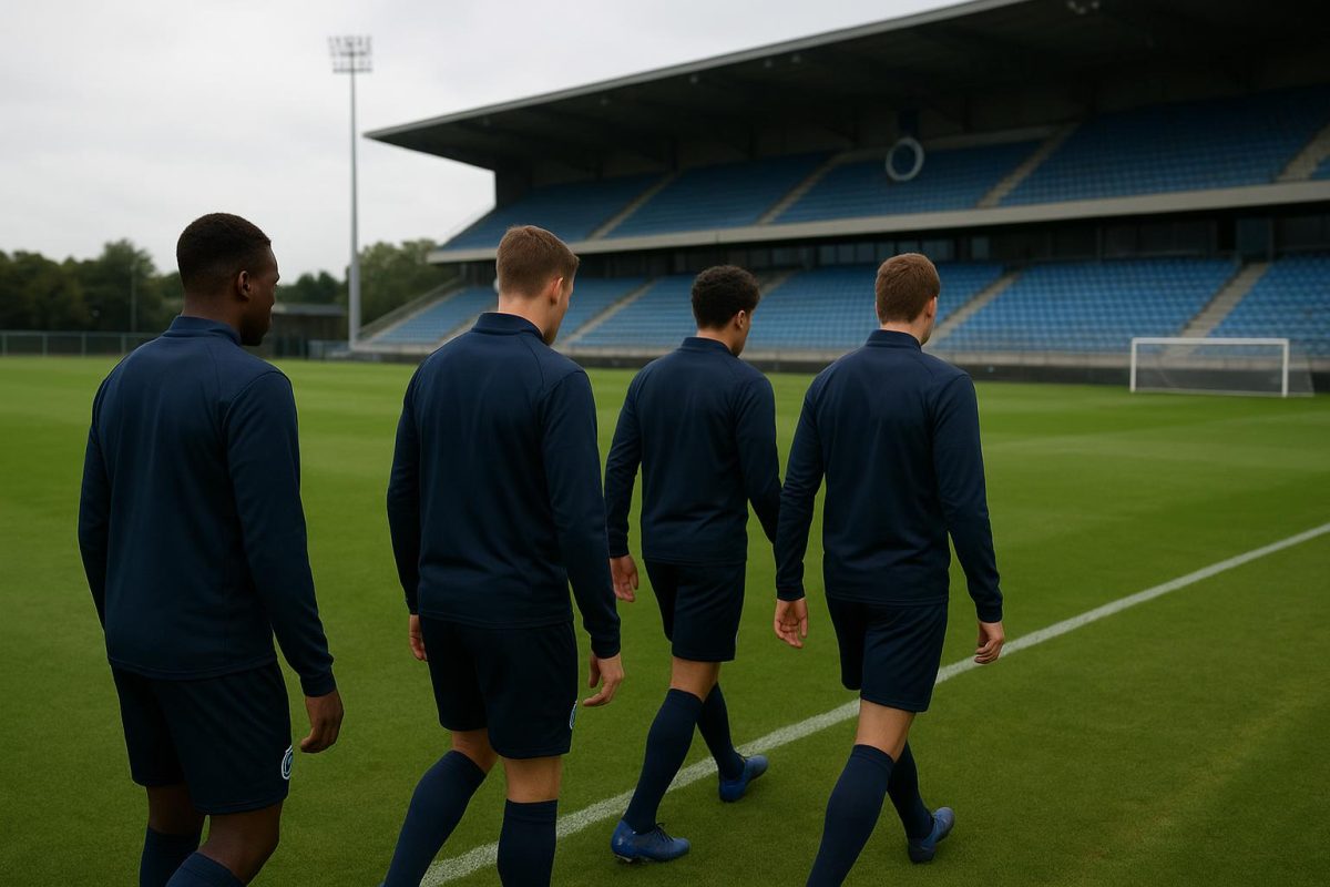 Spelers van Club Brugge tijdens een trainingsmoment, met focus op de groep en zonder herkenbare gezichten
