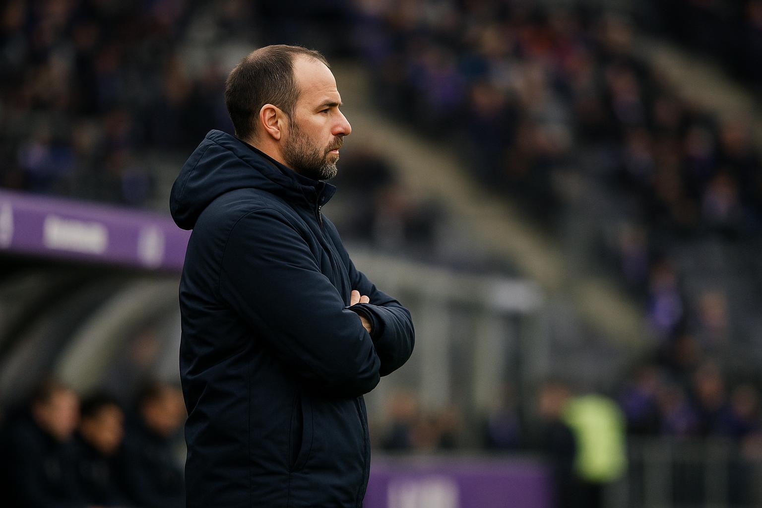 Jรฉrรฉmy Taravel langs de zijlijn bij RSC Anderlecht tijdens een wedstrijd
