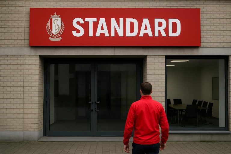 Sfeerbeeld rond Standard Luik met focus op het stadion en een zakelijke context, zonder herkenbare gezichten.