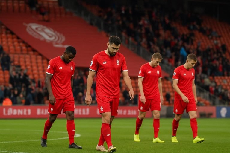 Spelers van Standard druipen teleurgesteld af op Sclessin na het gelijkspel tegen La Louvière