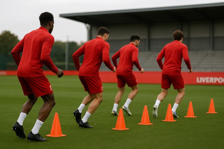Liverpool-spelers tijdens een trainingsmoment in aanloop naar een belangrijke competitiewedstrijd