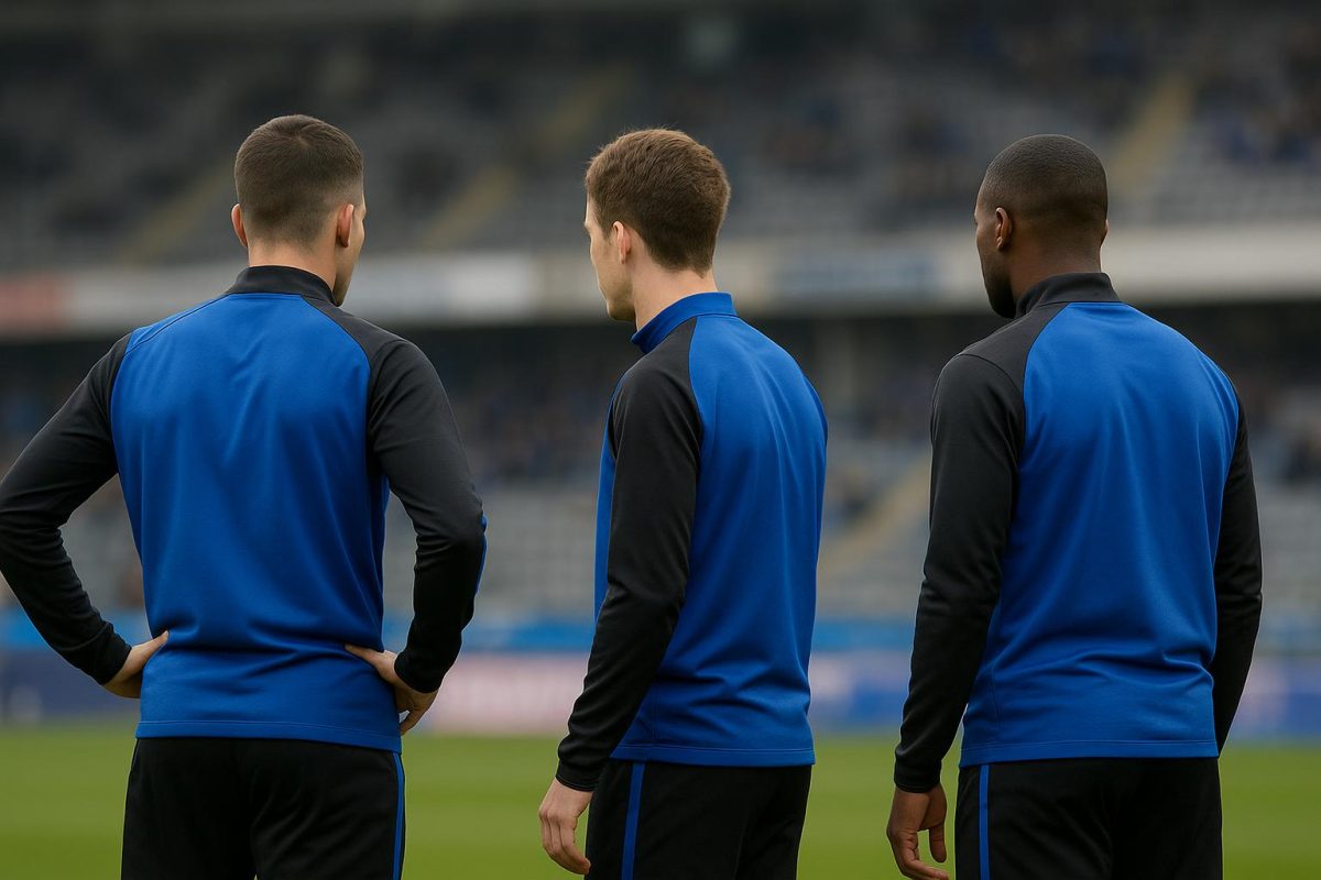 Sfeerbeeld op training bij Club Brugge met focus op verdedigers, zonder herkenbare gezichten.