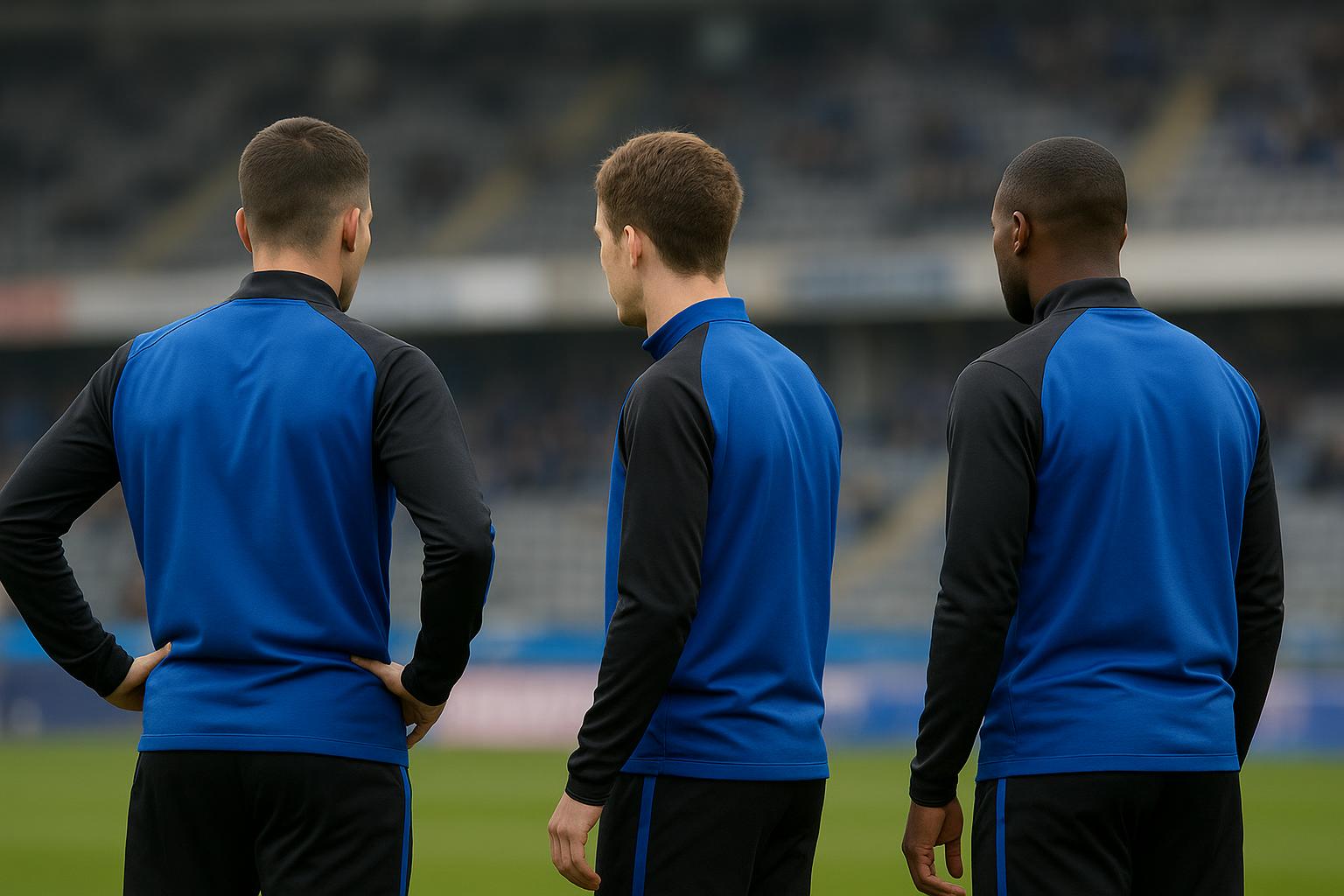 Sfeerbeeld op training bij Club Brugge met focus op verdedigers, zonder herkenbare gezichten.