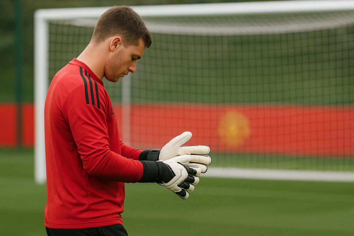 Senne Lammens op training bij Manchester United, met keepershandschoenen en een doel op de achtergrond.