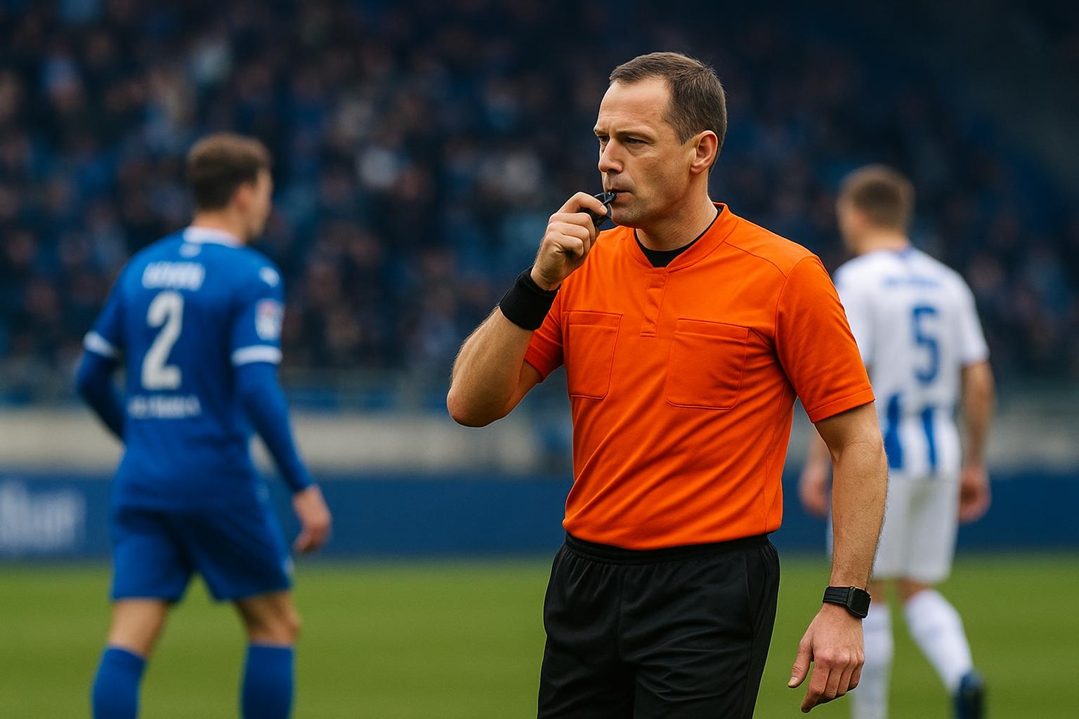 Scheidsrechter op het veld in een stadionsetting bij Genk tegen KAA Gent