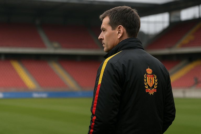 Frederik Vanderbiest coacht KV Mechelen langs de zijlijn tijdens een wedstrijd