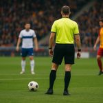 Scheidsrechter op het veld tijdens een wedstrijd in de Nederlandse KKD bij een penaltymoment