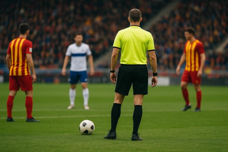 Scheidsrechter op het veld tijdens een wedstrijd in de Nederlandse KKD bij een penaltymoment