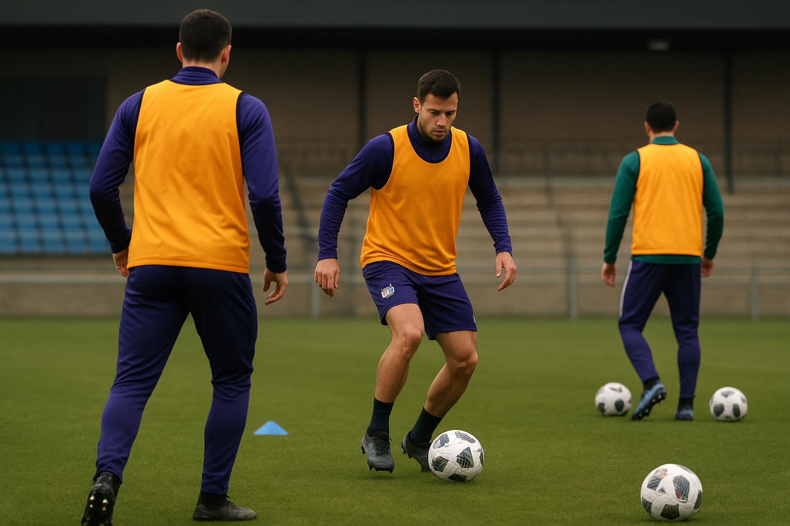 Spelers van RSC Anderlecht op training in aanloop naar de bekerwedstrijd, gefotografeerd zonder herkenbare gezichten.