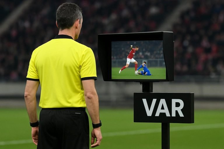 Een scheidsrechter met VAR-icoon op het scherm tijdens een wedstrijd, als illustratie bij de nieuwe IFAB-regels richting WK 2026.