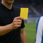 Een scheidsrechter toont een gele kaart tijdens een wedstrijd in de Jupiler Pro League