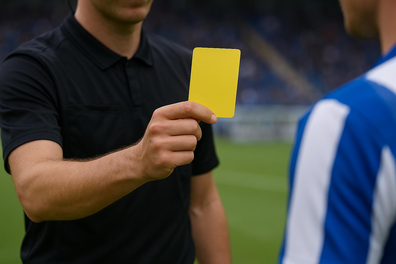 Een scheidsrechter toont een gele kaart tijdens een wedstrijd in de Jupiler Pro League