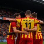 KV Mechelen viert de late winnende treffer tegen Zulte Waregem in het AFAS-stadion