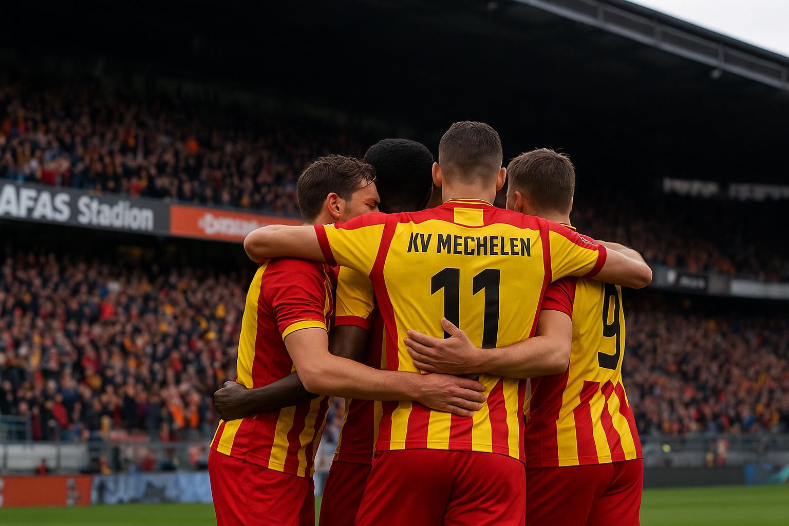 KV Mechelen viert de late winnende treffer tegen Zulte Waregem in het AFAS-stadion