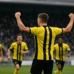 Christian Brüls viert na zijn openingstreffer voor SK Beveren tegen Olympic Charleroi